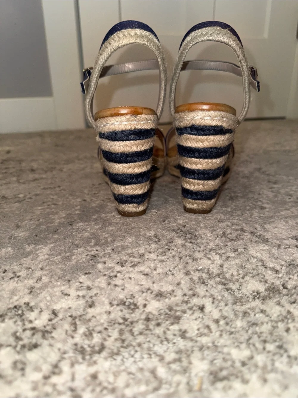Excellent condition Kelly & Katie Navy and Tan Espadrille Wedge Sandals 9.5